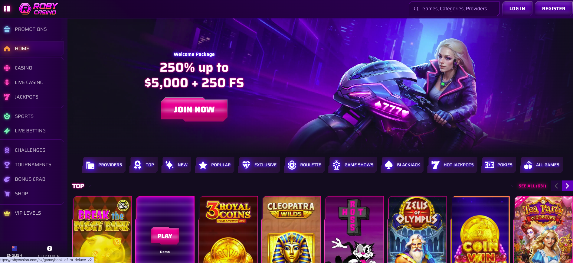 Roby Casino NZ homepage